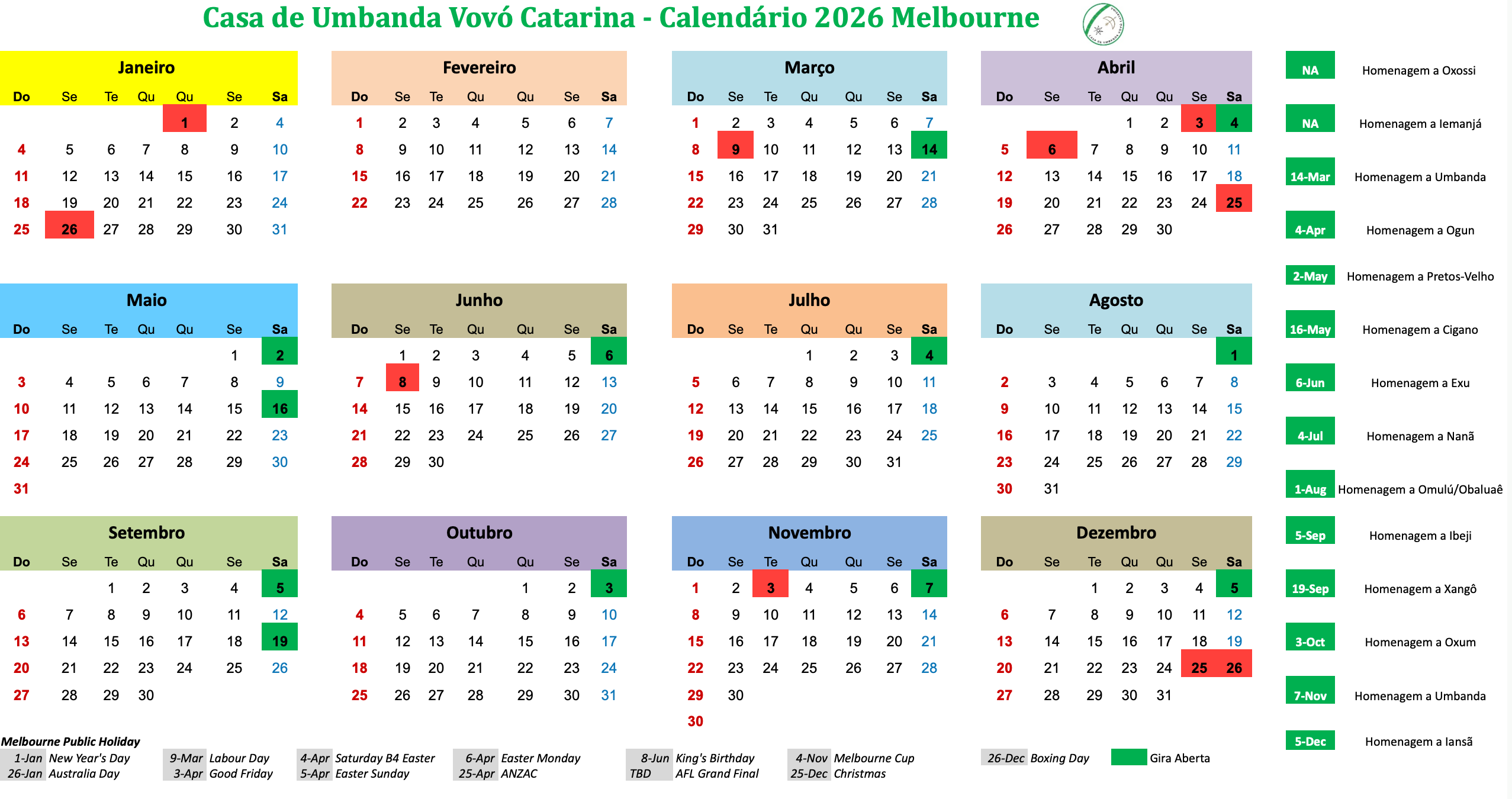 Calendário Umbanda Melbourne 2026